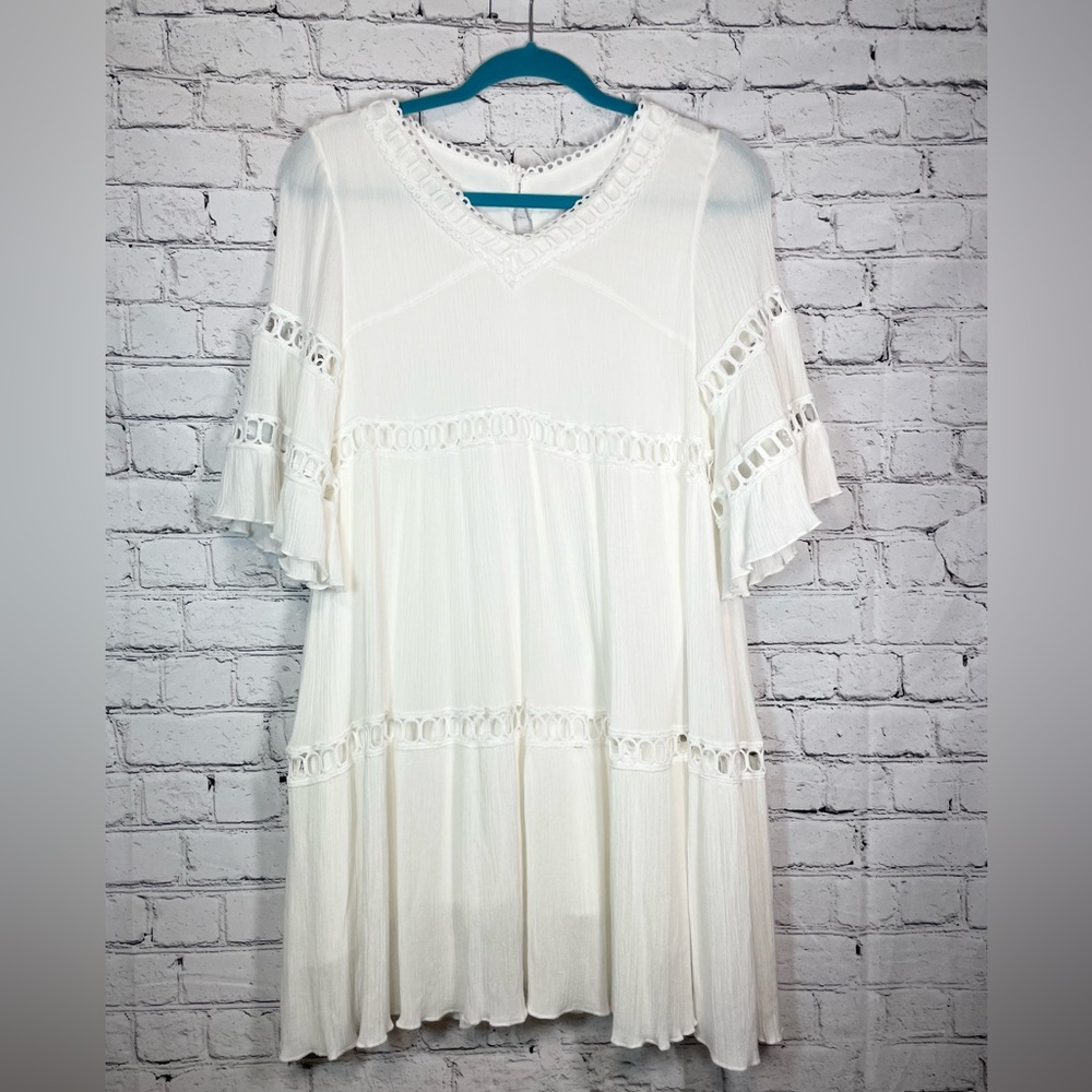 The Find Lined White Crochet Dress With Bell Sleeves Size Small